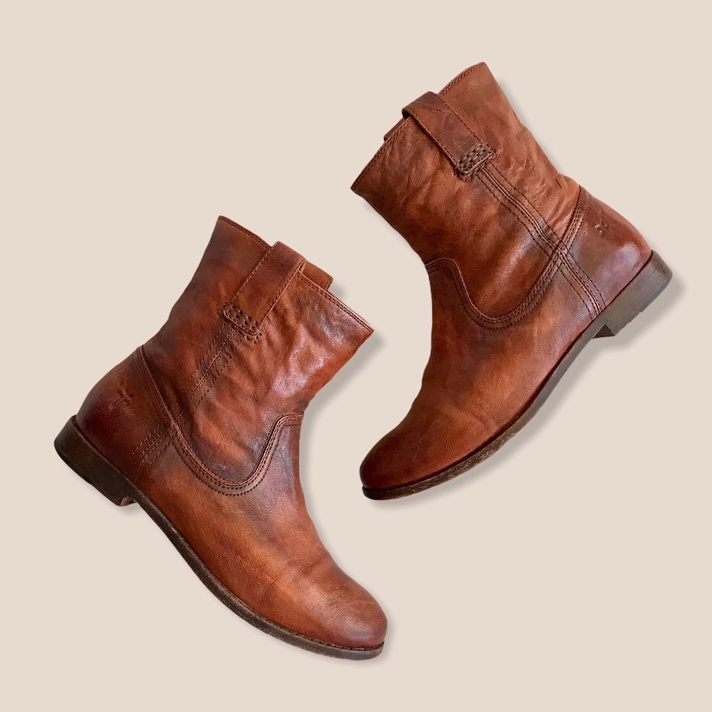 Frye Anna Short Cognac Leather Pull On Cute Boots - Picture 13 of 14
